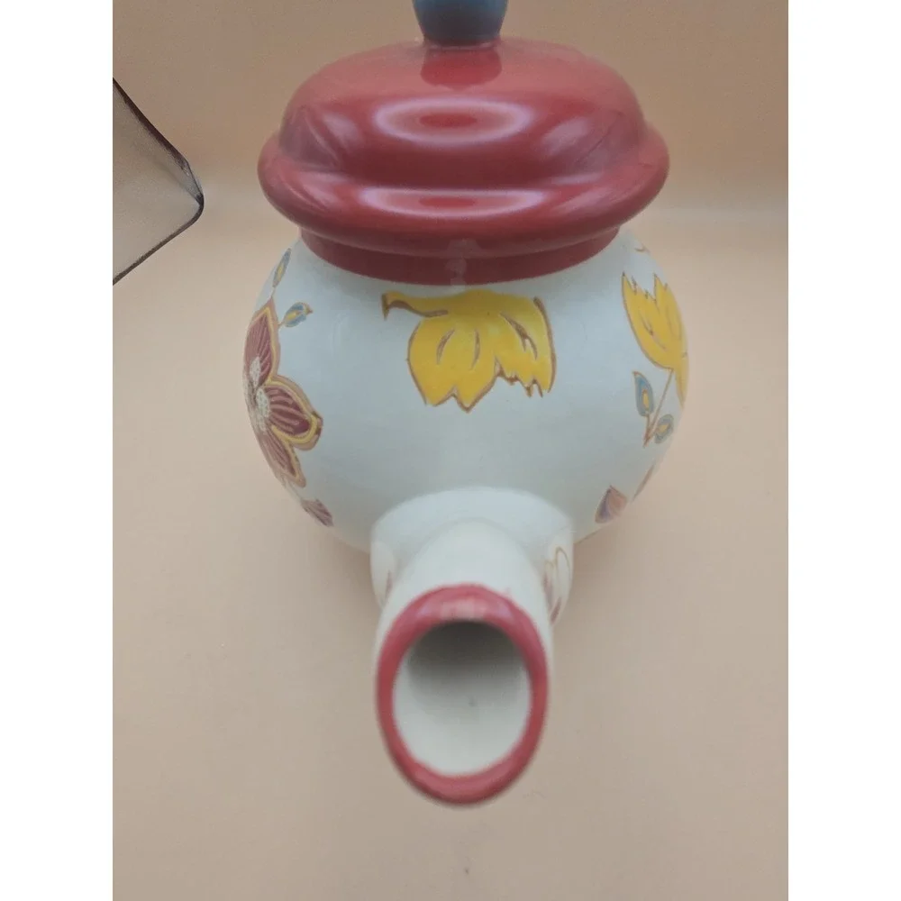 Floral Red TeaPot. Dutch Wax Ceramic with lid. Bright. Colors 7.25